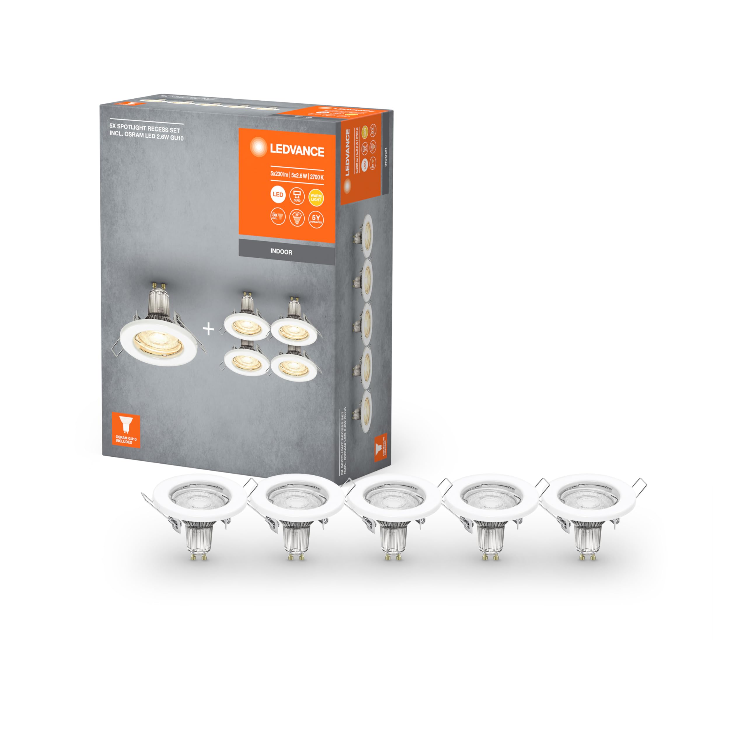 ledvance-spot-einbauleuchten-5er-pack-wei-gu10-inkl-5x-osram-2-6w-metall-ip20 image 1