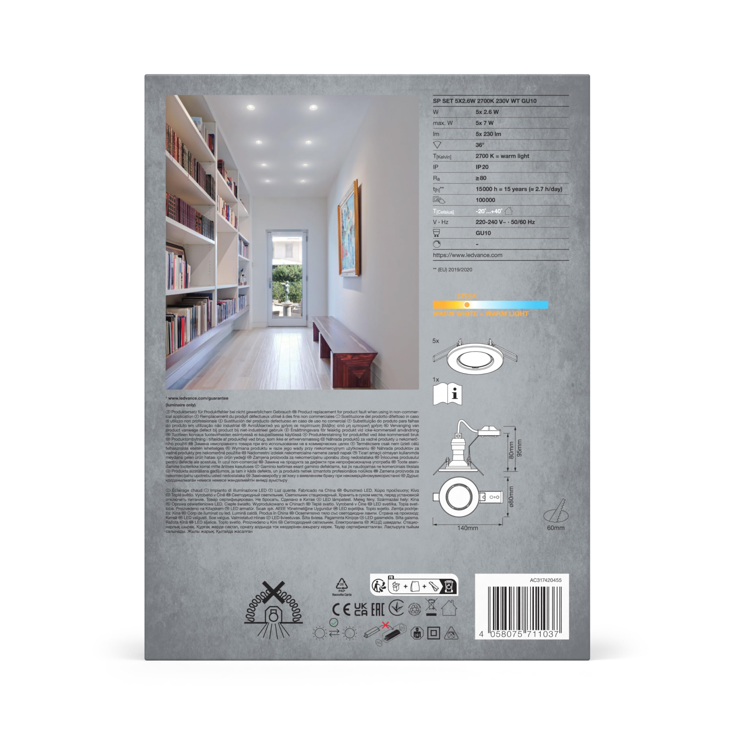 ledvance-spot-einbauleuchten-5er-pack-wei-gu10-inkl-5x-osram-2-6w-metall-ip20 image 8