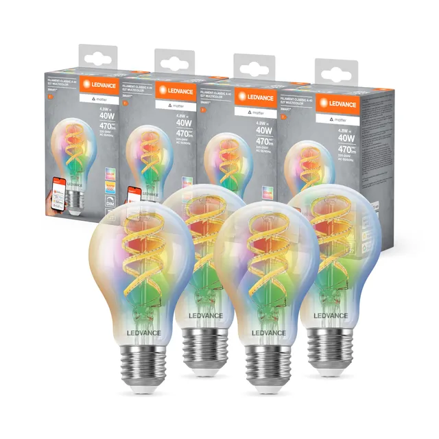 ledvance-smart-matter-led-lampe-classic-a-e27-4-8w-470lm-rgbw-4-pack image 1